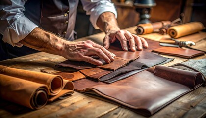 Skilled artisan handcrafting exquisite leather goods on a rustic workbench