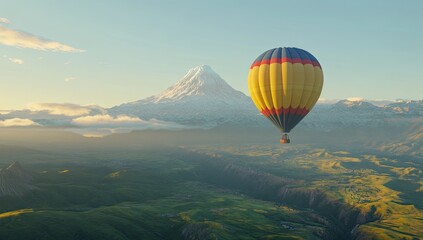 Fototapeta premium Hot air balloon over a valley with mountains in the distance.