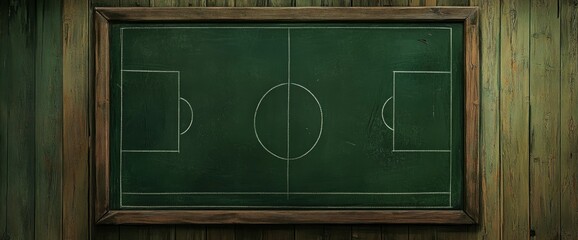 Fototapeta premium Vintage Chalkboard with Hand-Drawn Soccer Field Diagram on Wooden Wall