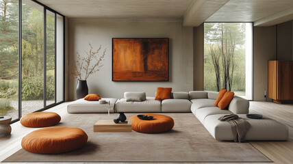 Modern living room featuring spacious layout with cozy sectional sofa, vibrant orange cushions, and warm color palette. large windows provide view