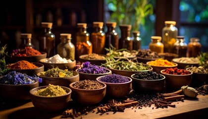 Fototapeta premium Serene table setting with herbs and candles for relaxation mindfulness tranquil