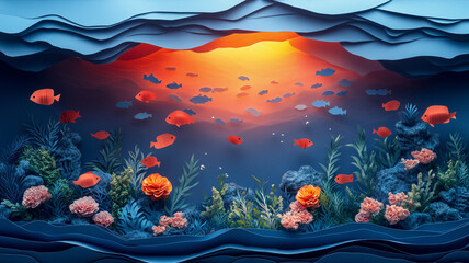 Underwater cave scene with colorful fish, aquatic plants, and vibrant coral. warm light creates serene and enchanting atmosphere