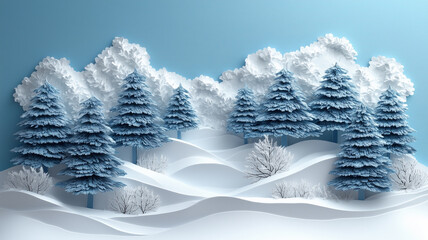 Serene winter wonderland featuring snow covered trees and gentle hills, creating peaceful and magical atmosphere