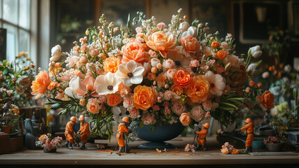 Vibrant flower arrangement featuring orange roses, white magnolias, and delicate pink blooms, with tiny workers creating masterpiece