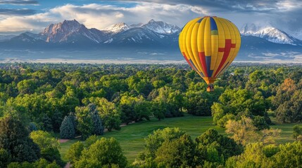Naklejka premium Colorful hot air balloon over a valley with mountains in the background.