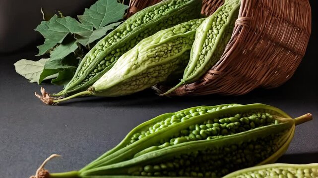 Arrangement of fresh green bitter melons in a woven basket with foliage against dark background showing textured skin.
