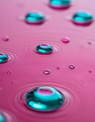 Blue water drops form abstract circles on the wet glass surface in a macro shot