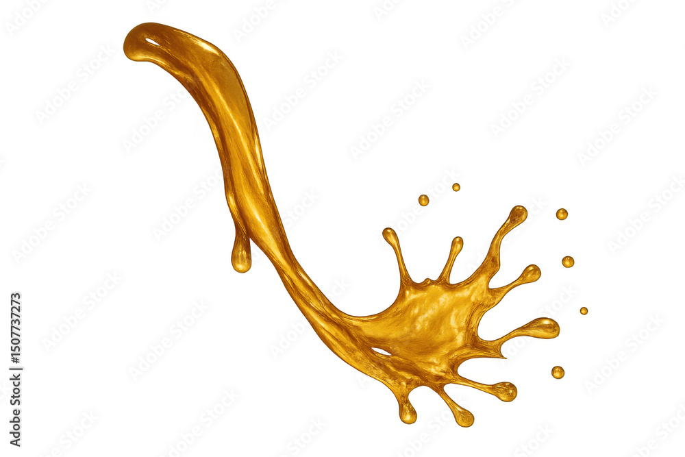 Poster golden liquid swirling dynamically, arcing with elegant motion against pristine transparent backdrop