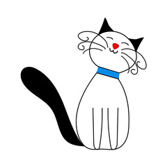 Sitting cat illustration. Blue collar detail. Red nose accent. Vector drawing.