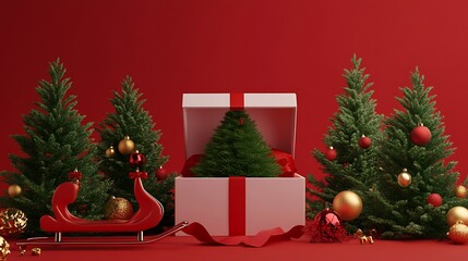 Christmas gift box with miniature fir trees and a sleigh.