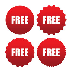 Free badge icons. Red sticker shapes. White bold text. Vector promotional design.
