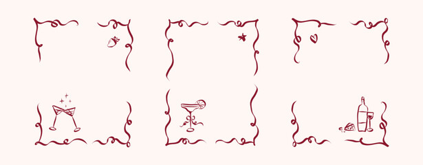 Hand drawn coquette frames. Vintage cute borders with ribbon and bow in simple crayon and whimsical style. Trendy art for bachelorette drink party and wedding invitations. Doodle vector illustration