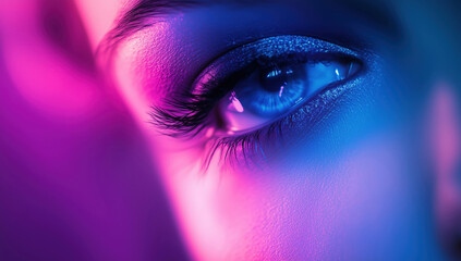 Close-up of a Beautiful Blue Eye with Long Eyelashes Bathed in Neon Pink and Blue Light