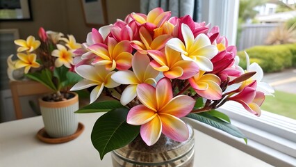 Vibrant pink and yellow plumeria flowers in a vase