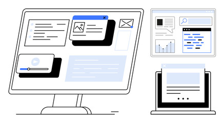 User interface designs including text blocks, media players, menu elements. Ideal for app prototyping, web development, user experience, responsive design, wireframes, digital marketing simple