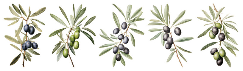 PNG Realistic olive branch illustrations, element set on transparent background