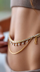 Elegant bejeweled belly chain close-up with gold and gemstone details for fashion accessory design