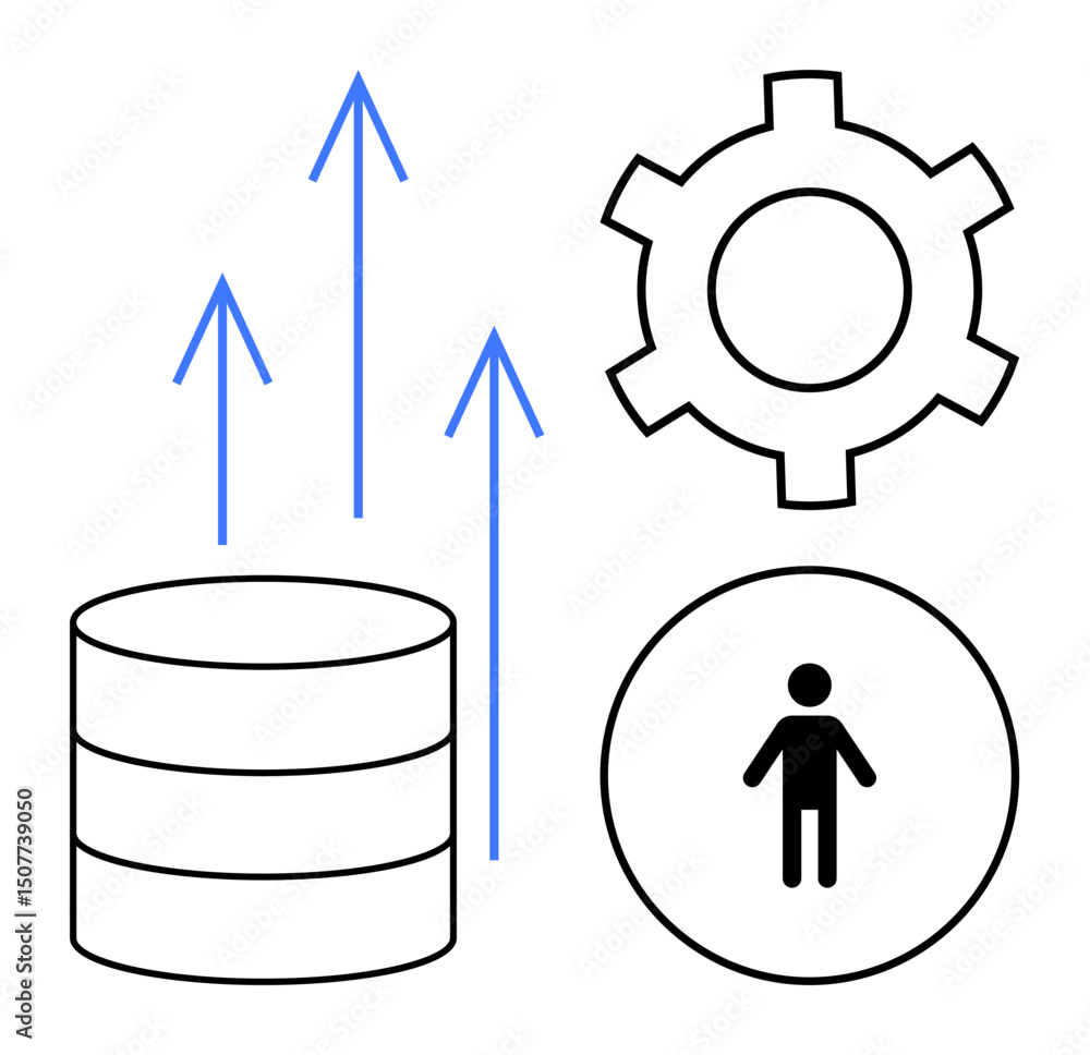 Aufkleber database stack and human icon paired with gear and upward arrows representing innovation, data analy
