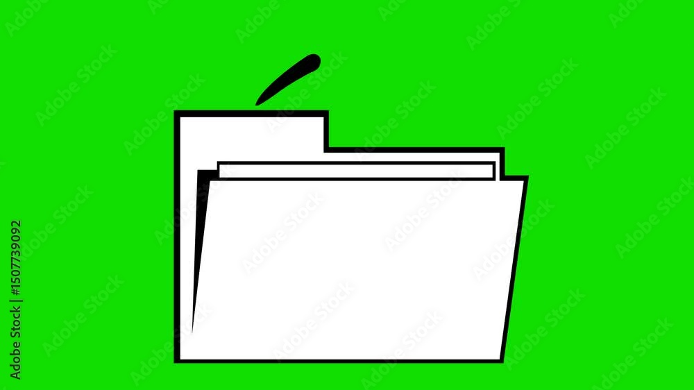 Poster video animation drawing black and white icon open computer folder file concept, on a green chroma ke