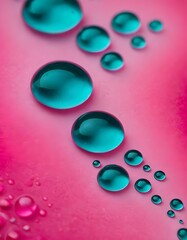 Colorful water drops, liquid spheres in a macro illustration on a pink background, show light reflections
