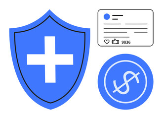 Fototapeta premium Blue shield with a medical cross denotes protection, a card represents social interaction, and a dollar symbol signifies finances. Ideal for health, security, social media, fintech, branding