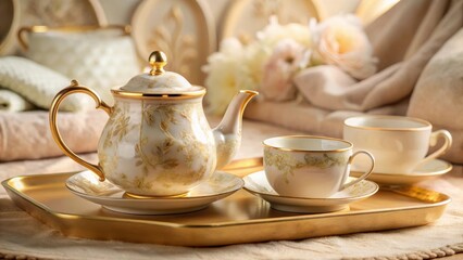 Fototapeta premium Elegant Tea Service on Gilded Tray with Delicate Floral Design