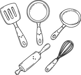 Smiling kitchen tools, all with happy faces, arranged playfully