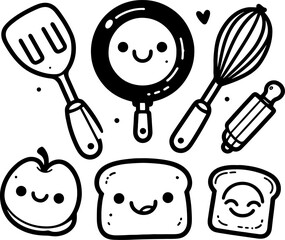 Smiling kitchen tools, all with happy faces, arranged playfully