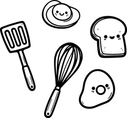 Smiling kitchen tools, all with happy faces, arranged playfully