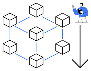 Interconnected cubes represent blockchain structure with arrows for data flow. Professional with folder illustrates analysis. Ideal for blockchain, data transfer, decentralization, technology