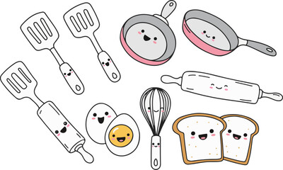 Smiling kitchen tools, all with happy faces, arranged playfully