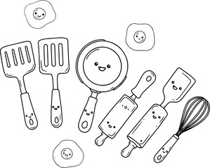 Smiling kitchen tools, all with happy faces, arranged playfully