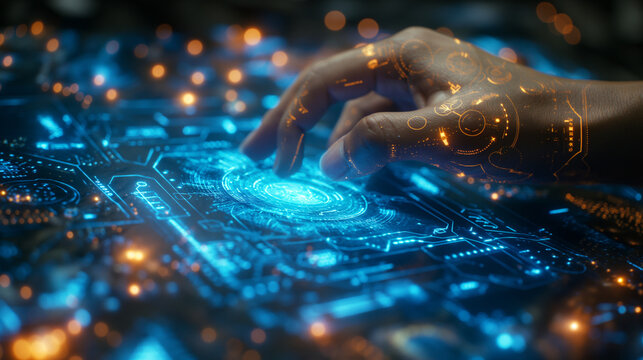 Human hand interfacing with glowing digital motherboard. Illustrates advanced human-computer interaction and AI control systems. Ideal for cybersecurity, digital UI/UX, and tech innovation content.