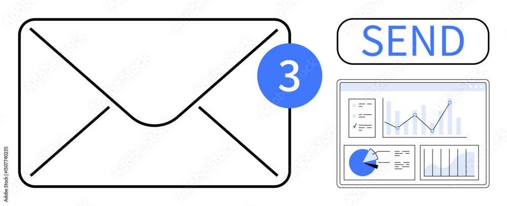 Poster envelope with notification badge, analytics dashboard, and send button. ideal for communication, ema