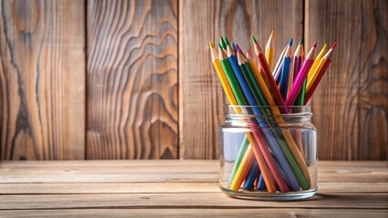 A Colorful Collection of Pencils in a Glass Jar on a Wooden Surface