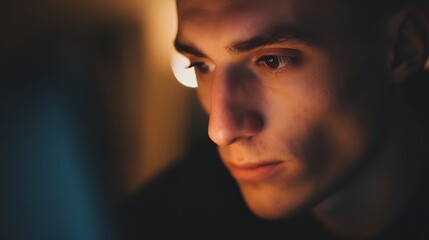 A man's intense focus in digital immersion, glowing softly with unseen connection