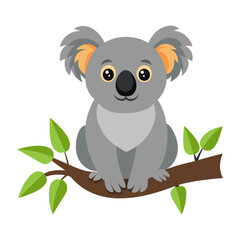 Cute cartoon koala sitting on a tree branch isolated on white background. Koala hanging on the tree. Side view. Vector illustration.