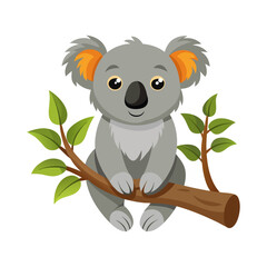 Cute cartoon koala sitting on a tree branch isolated on white background. Koala hanging on the tree. Side view. Vector illustration.
