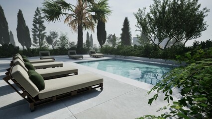 3D render of a serene poolside terrace with sun loungers, lush greenery, and mountain views. Minimalist outdoor design perfect for luxury relaxation and summer inspiration.