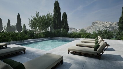 3D render of a serene poolside terrace with sun loungers, lush greenery, and mountain views. Minimalist outdoor design perfect for luxury relaxation and summer inspiration.