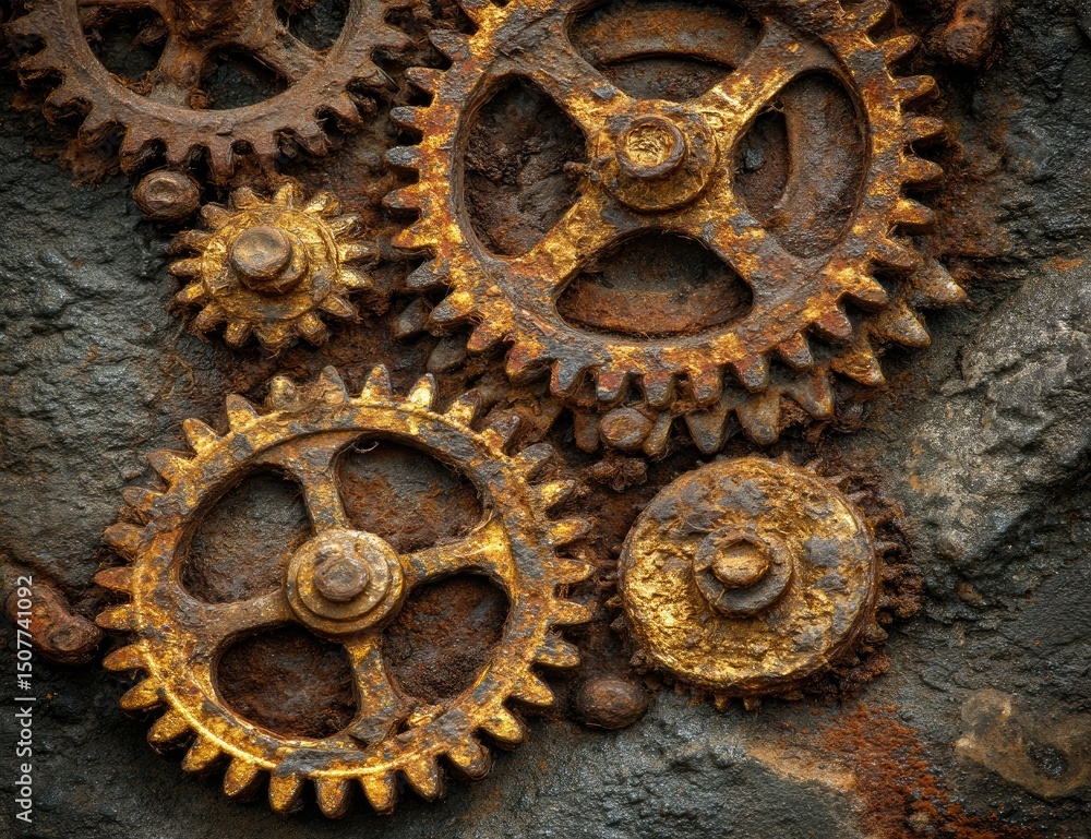Poster rusty gears and cogs close up