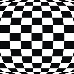 Obraz premium Abstract black and white checkered sphere with distorted perspective. Warping grid creates optical illusion, highlighting 3D curvature. Geometric pattern, high contrast, no shading variations.