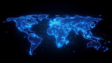 Illuminated world map glowing in blue against dark background showing continents and oceans