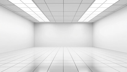 Empty bright room with white walls, tiled floor and ceiling lights, perspective view