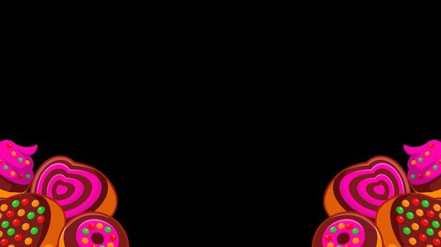 Cartoon-style donut border animation with playful cake elements. Great for bakery ads, snack promos, and kids content