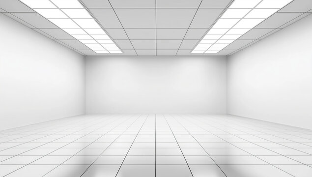 Empty bright room with white walls, tiled floor and ceiling lights, perspective view