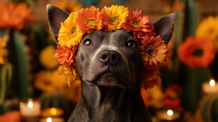 Adorable grey dog wears flower crown amidst festive, blurred background