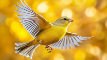Canary in flight, wings spread against a blurry yellow-toned background