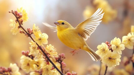 Yellow bird takes flight near flower blossoms on a branch against soft focus background