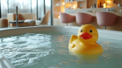 Rubber ducky floats in a bathtub with a serene room